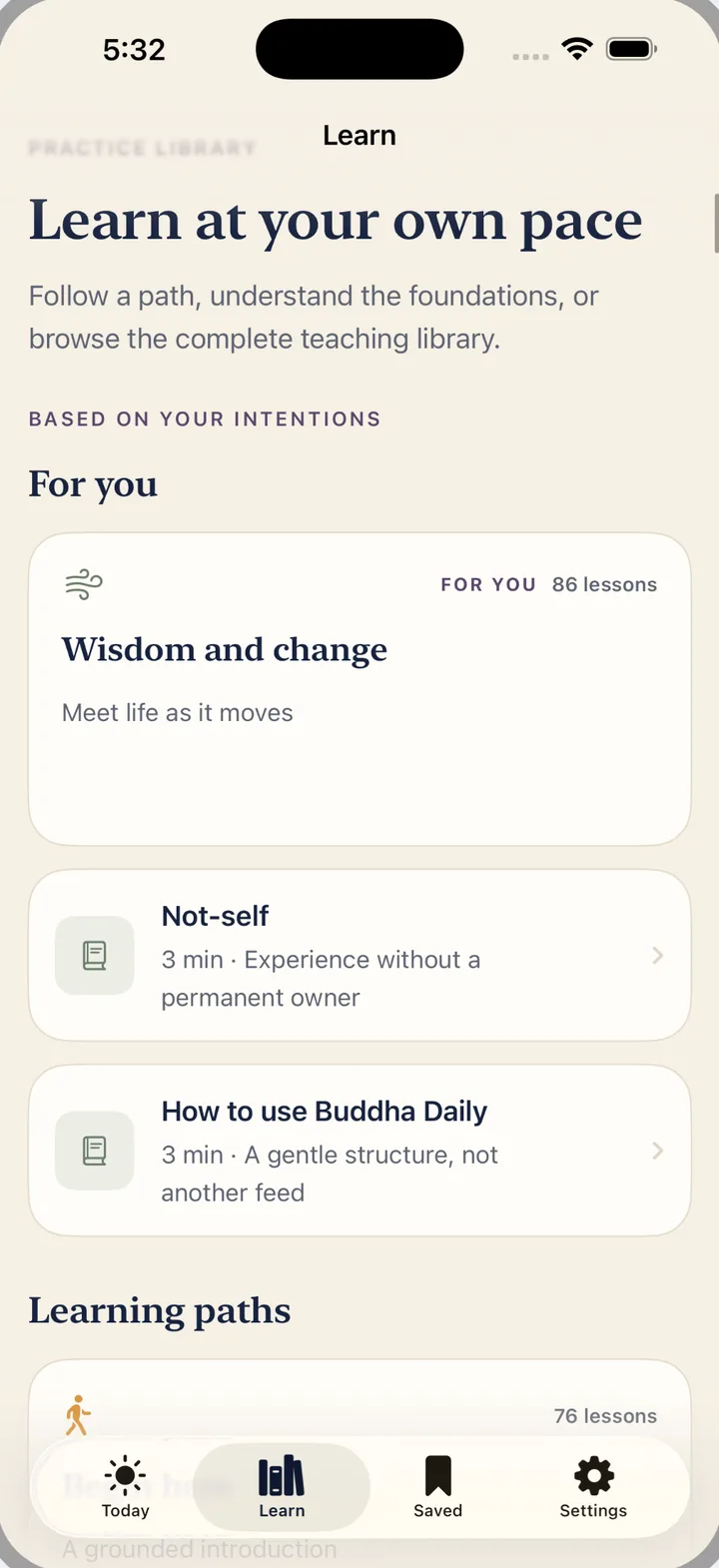 The Learn tab in Buddha Daily, with the complete teaching library and lessons picked for you