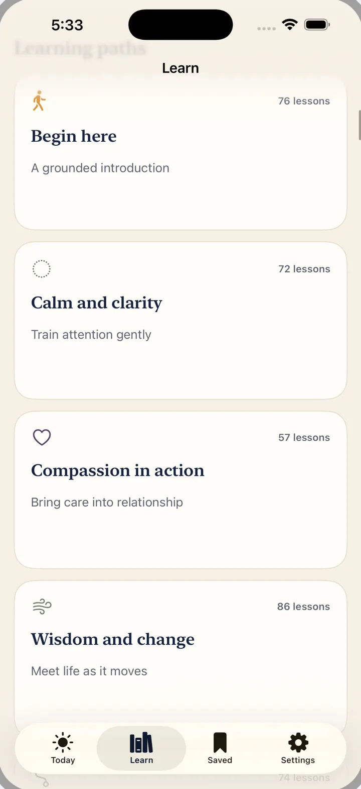 Learning paths in Buddha Daily — Begin here, Calm and clarity, Compassion in action, Wisdom and change