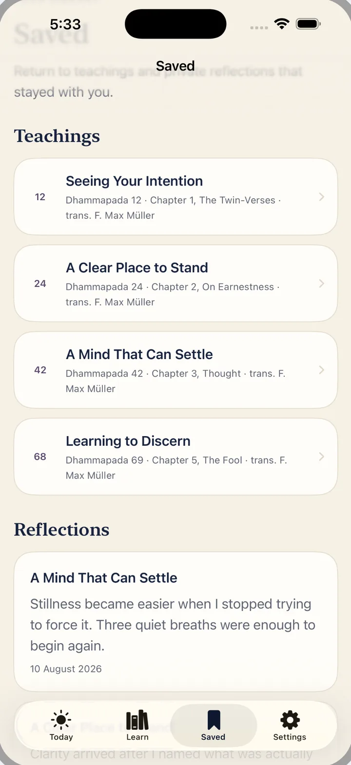 The Saved tab in Buddha Daily, with bookmarked teachings and private reflections
