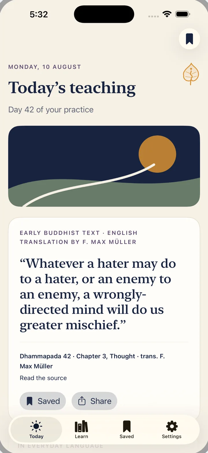Buddha Daily on iPhone showing today's teaching — a sourced Dhammapada verse with translator attribution